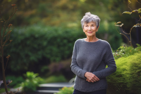 Portrait of smiling senior woman standing with arms crossed in the gardenの素材