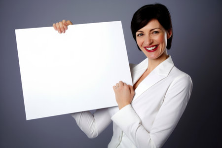Portrait of a beautiful businesswoman holding a blank white sheet of paperの素材