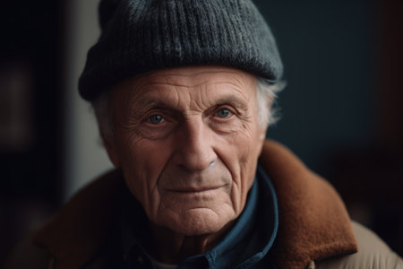 Portrait of an elderly man in a warm hat and coat.の素材