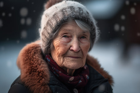 Portrait of an elderly woman in winter clothes on the street.の素材