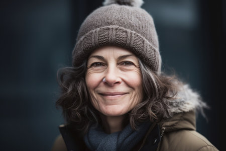 Portrait of mature woman in warm clothes looking at camera with smileの素材