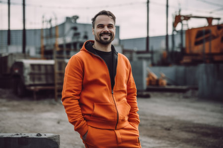 Portrait of a handsome young man in an orange jumpsuit on the background of a construction site.の素材