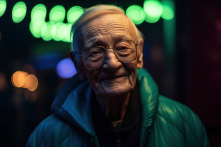 Portrait of an elderly man with glasses in the city at nightの素材
