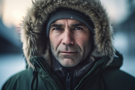 Portrait of a middle-aged man in a winter jacket with a hood.の素材