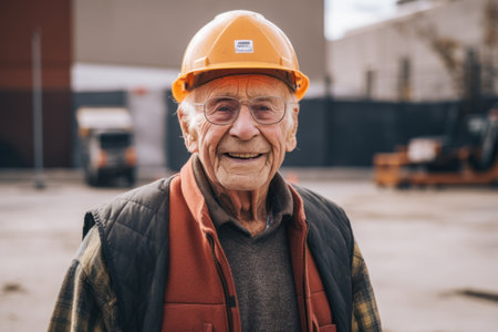 Portrait of smiling senior man in hardhat standing on construction siteの素材
