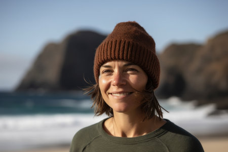 Portrait Of Young Woman Smiling To Camera On Beach In Winterの素材