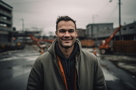 Portrait of a handsome young man with long dark hair wearing a gray coat and orange t-shirt, standing in an industrial areaの素材