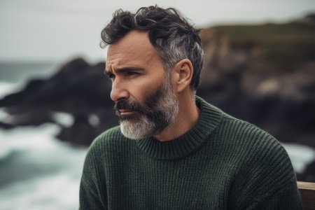 Handsome middle-aged man in green sweater looking away while standing by the seaの素材