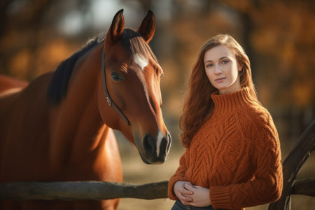 Portrait of a beautiful young woman in a red sweater with a horseの素材