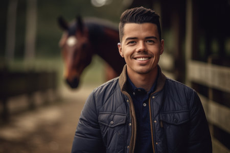Portrait of a handsome young man with a horse in the backgroundの素材