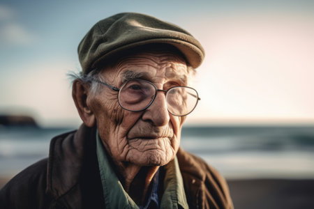 Portrait of an old man with hat and glasses on the beachの素材