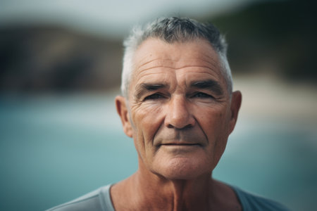 Portrait of an elderly man on the seashore in summer