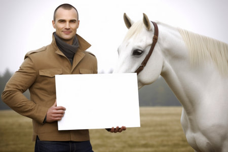 Handsome young man with white blank card and horse in fieldの素材