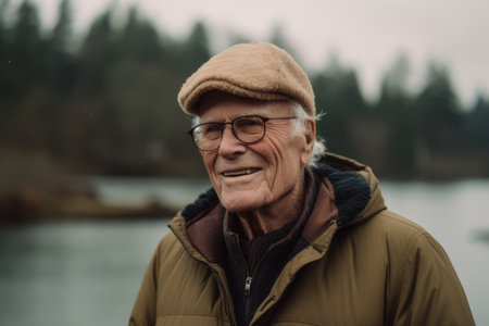 Portrait of an elderly man with glasses on the background of a lakeの素材