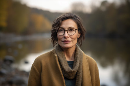 Portrait of middle-aged woman with glasses in autumn park.の素材