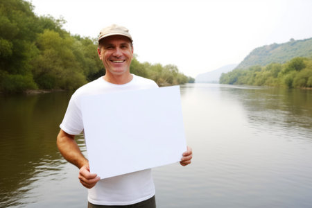 Man holding a blank sheet of paper on the background of the riverの素材
