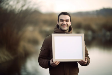 Young man holding a blank white board with copy space for your textの素材