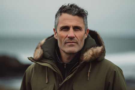 Portrait of mature man in raincoat looking at camera on beachの素材