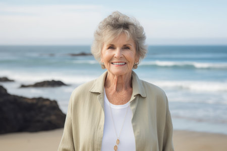 Portrait of smiling senior woman standing on beach on a sunny dayの素材