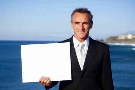 Portrait of a happy mature businessman showing blank signboard with ocean in backgroundの素材