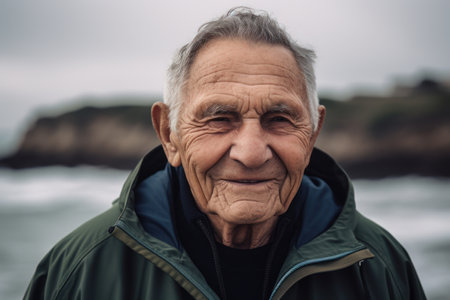 Portrait of an old man on the beach in Scotland, UKの素材