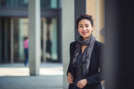Portrait of a beautiful Asian businesswoman walking in the cityの素材