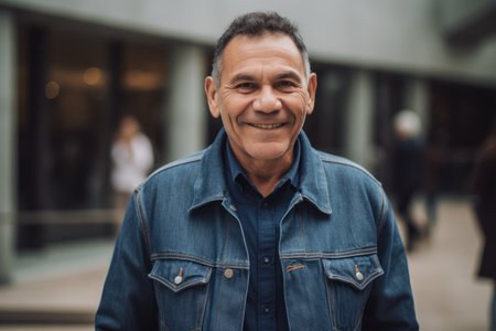 Portrait of smiling middle-aged man in jeans jacket outdoors.の素材