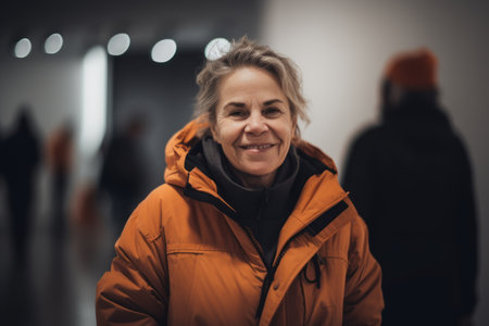 Portrait of a smiling woman in an orange jacket standing in a galleryの素材