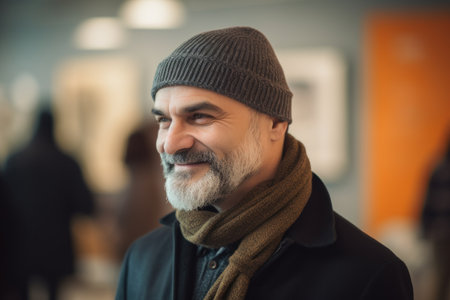 Portrait of handsome bearded man with gray beard wearing winter hat and scarfの素材