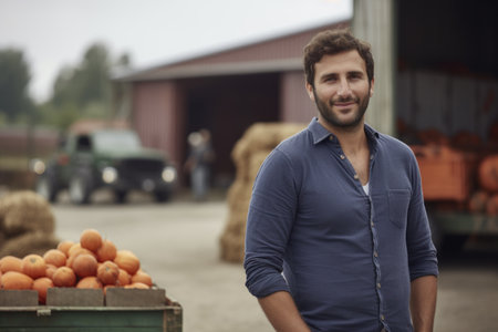 Portrait of a handsome farmer standing in front of his truck.の素材