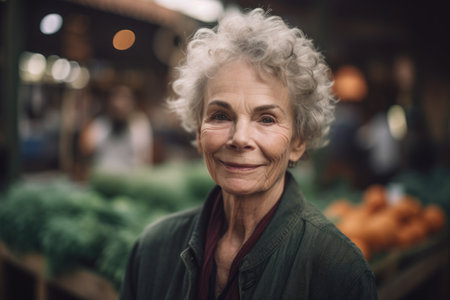 Portrait of smiling senior woman at the market. Focus on the womanの素材