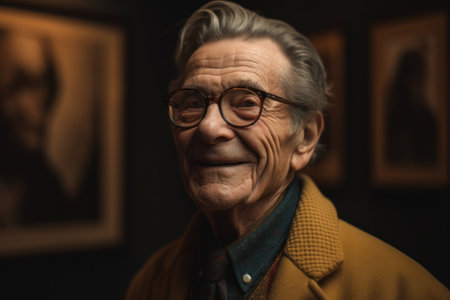 Portrait of an old man with glasses looking at the camera.の素材