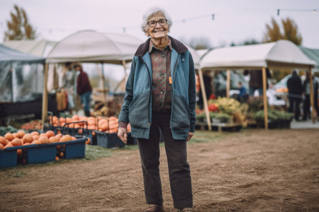 Elderly woman farmer standing in front of the stall with pumpkinsの素材