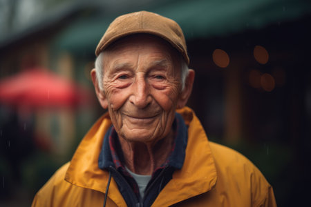 Portrait of an old man in a raincoat on the streetの素材