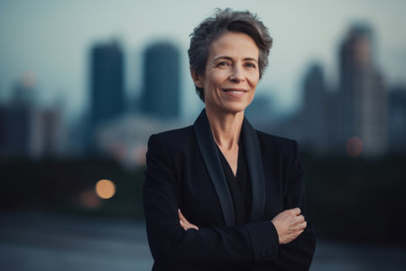 Portrait of mature businesswoman with arms crossed standing in the cityの素材