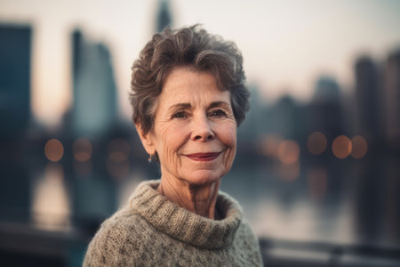 Portrait of a beautiful senior woman on a rooftop in New York Cityの素材
