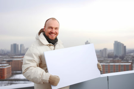 A man with a white sheet of paper on the background of the cityの素材