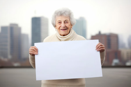 happy senior woman with blank white sheet of paper on city street backgroundの素材