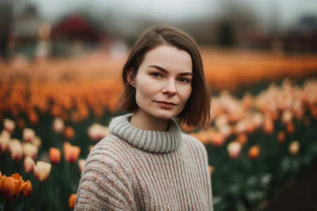 Portrait of a beautiful girl in an orange tulip field.の素材