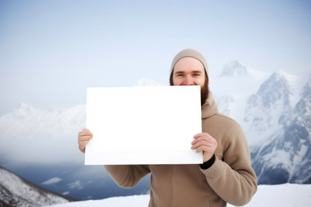 Handsome man holding a white sheet of paper against snowy mountainsの素材