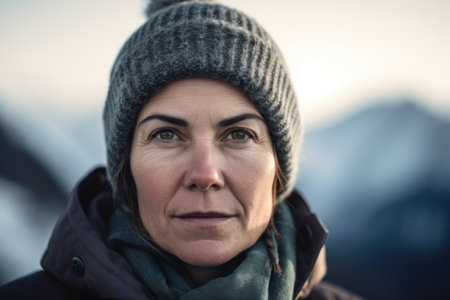Portrait of a mature woman in a hat and scarf on the background of mountainsの素材