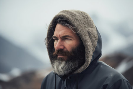 Handsome bearded man with long gray beard and mustache on serious face in black jacket and hood on mountain backgroundの素材