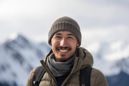 Portrait of a smiling young man in winter clothes against snowy mountainsの素材