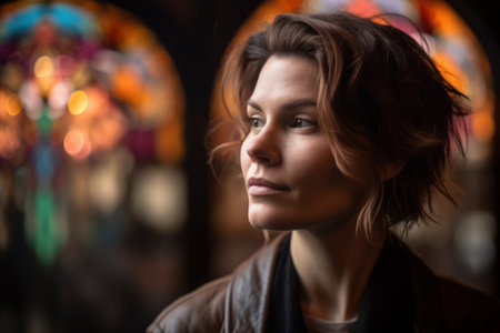 Portrait of a beautiful young woman in a cafe. Selective focus.の素材