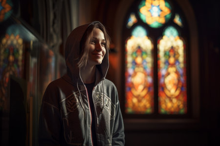 Portrait of a young woman in front of a stained glass windowの素材