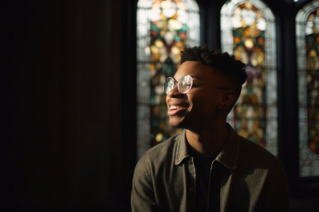 Handsome African-American man in glasses smiling and looking away while standing in churchの素材