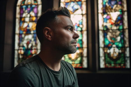 Portrait of young man in front of stained glass window in churchの素材