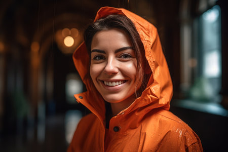 Portrait of a happy young woman in raincoat looking at cameraの素材