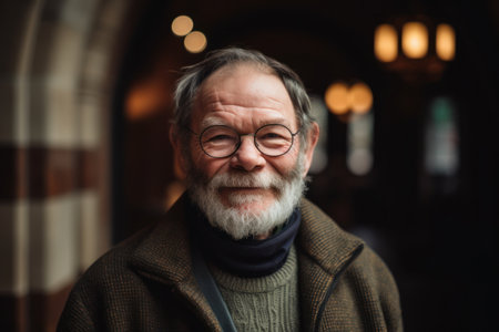 Portrait of a senior man with gray beard and glasses in the cityの素材