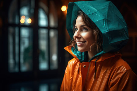 Portrait of a smiling woman in raincoat and raincoat.の素材